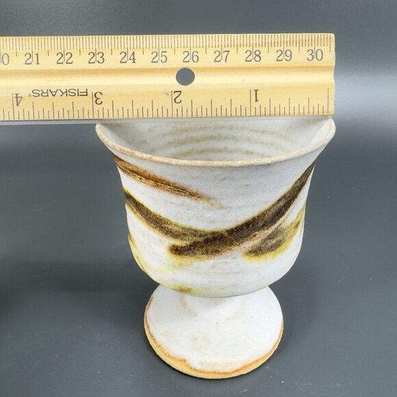 Vintage Hand Made Stoneware Pottery Footed Cups Goblets Set 4 Drip Glaze Cups - Picture 4 of 15